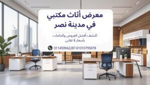 صورة لمعرض أثاث مكتبي في مدينة نصر تعرض مكاتب حديثة وكراسي مريحة وتصميمات عصرية للشركات والمكاتب
