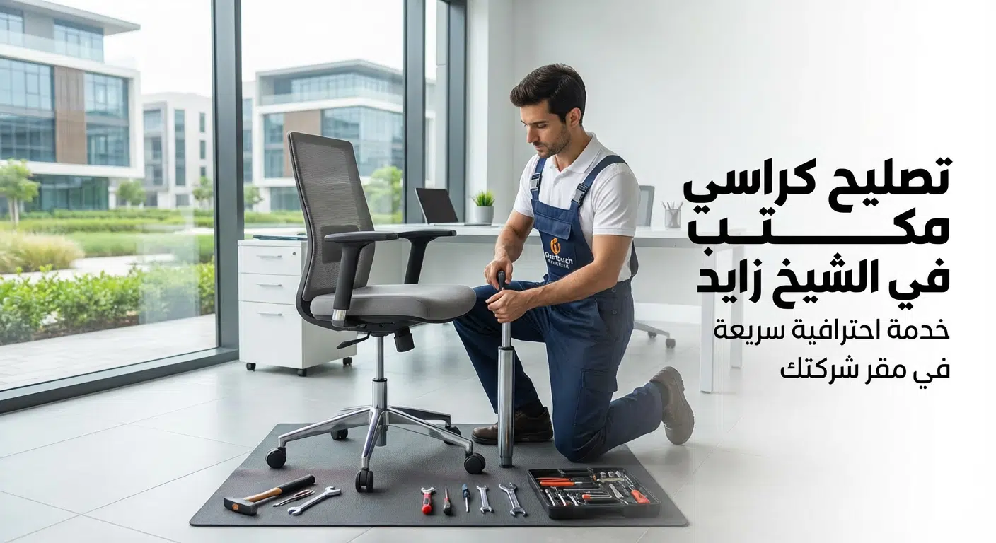 تصليح كراسي مكتب في الشيخ زايد: الدليل الشامل للصيانة الاحترافية 1 فني محترف من شركة وان تاتش يقوم بعملية تصليح كرسي مكتب واستبدال الهيدروليك داخل مقر شركة حديثة في الشيخ زايد، مع نص بارز على الصورة يقول "تصليح كراسي مكتب في الشيخ زايد - خدمة احترافية سريعة في مقر شركتك".