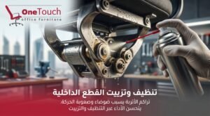 فني يقوم بتنظيف وتشحيم الأجزاء الداخلية لكرسي مكتب باستخدام مواد مخصصة