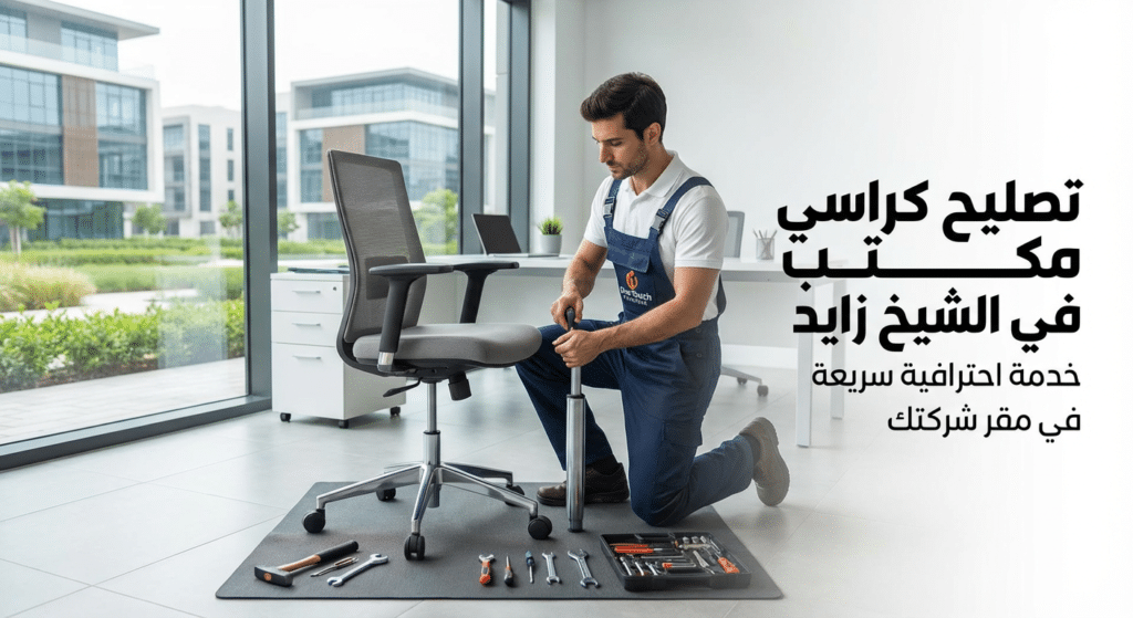 فني محترف من شركة وان تاتش يقوم بعملية تصليح كرسي مكتب واستبدال الهيدروليك داخل مقر شركة حديثة في الشيخ زايد، مع نص بارز على الصورة يقول "تصليح كراسي مكتب في الشيخ زايد - خدمة احترافية سريعة في مقر شركتك".