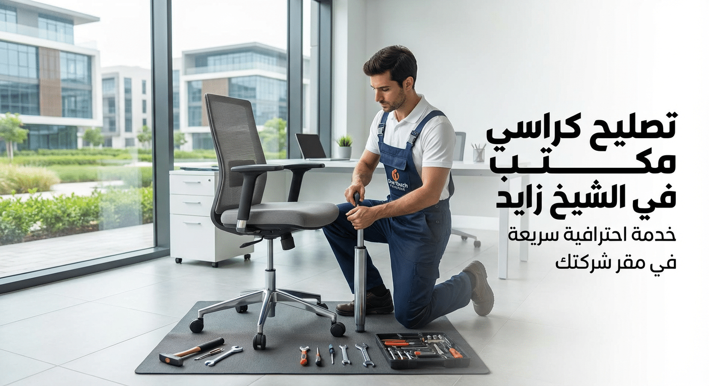 فني محترف من شركة وان تاتش يقوم بعملية تصليح كرسي مكتب واستبدال الهيدروليك داخل مقر شركة حديثة في الشيخ زايد، مع نص بارز على الصورة يقول "تصليح كراسي مكتب في الشيخ زايد - خدمة احترافية سريعة في مقر شركتك".