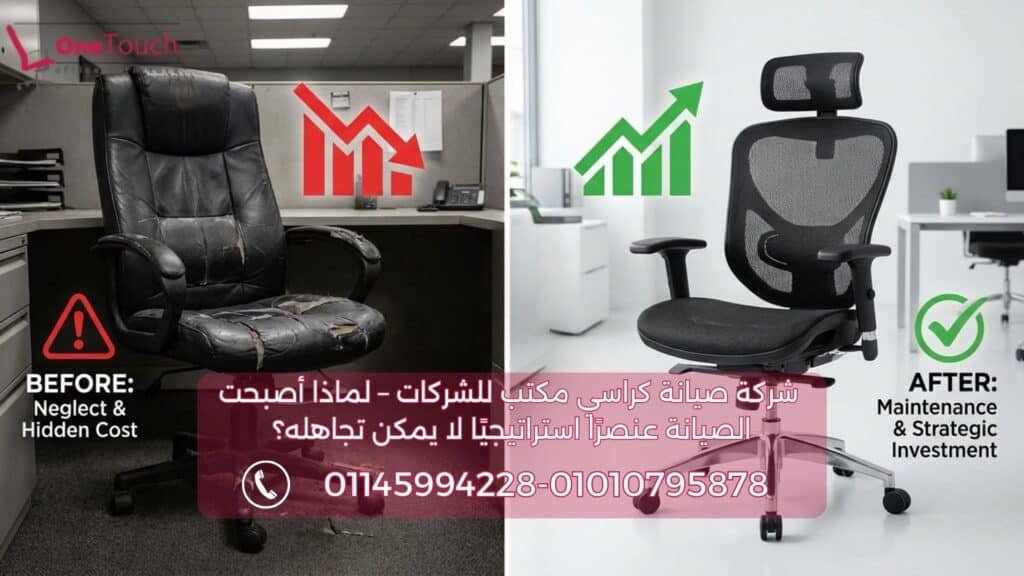 إنفوجرافيك يوضح القيمة التي تقدمها **شركة صيانة كراسي مكتب للشركات**، عبر مقارنة كرسي متهالك يمثل الخسارة، وكرسي مجدد في بيئة عمل احترافية يمثل الاستثمار.