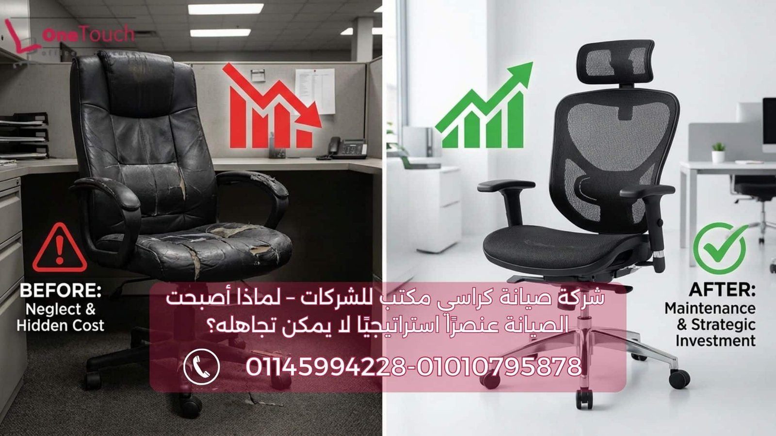 إنفوجرافيك يوضح القيمة التي تقدمها **شركة صيانة كراسي مكتب للشركات**، عبر مقارنة كرسي متهالك يمثل الخسارة، وكرسي مجدد في بيئة عمل احترافية يمثل الاستثمار.