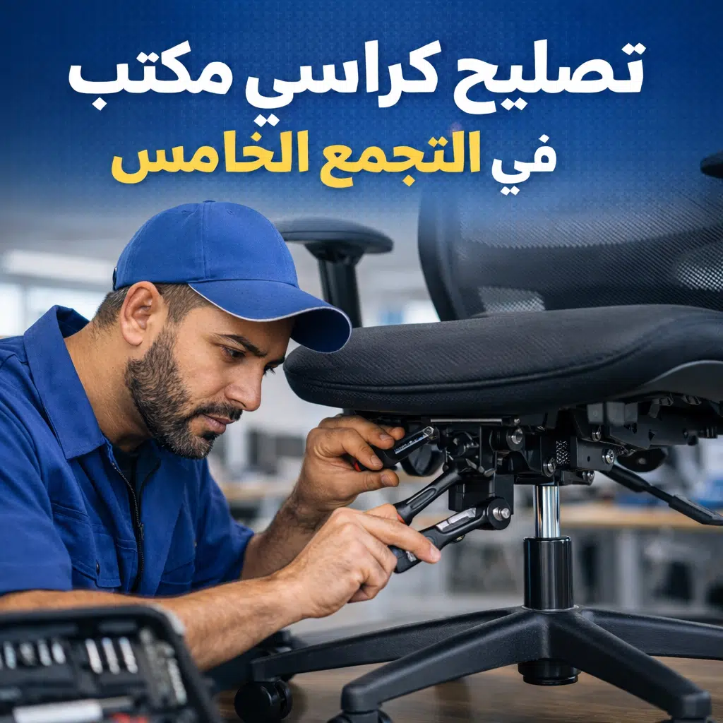 فني تصليح كراسي مكتب في التجمع الخامس يقوم بإصلاح ميكانيزم كرسي مكتب في المكان