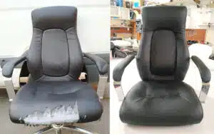 قبل وبعد تصليح كرسي مكتب في الشروق مع تغيير الجلد وإعادة تنجيد المقعد بالكامل