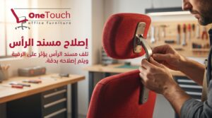 فني يقوم بتصليح مسند رأس كرسي مكتب داخل بيئة عمل حديثة