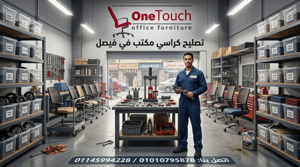 فني يقوم بتصليح كرسي مكتب في فيصل مع تغيير الهيدروليك وقطع الغيار داخل موقع العميل