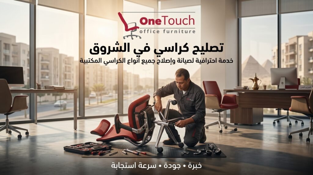 تصليح كراسي في الشروق بواسطة فني متخصص يقوم بإصلاح كرسي مكتب داخل شركة باستخدام أدوات الصيانة وقطع الغيار.