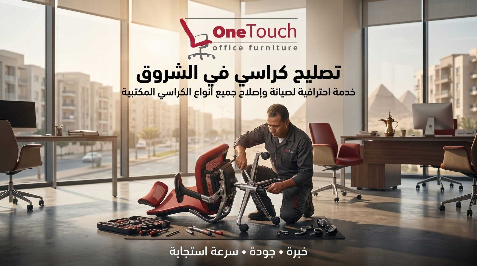 تصليح كراسي في الشروق 1 تصليح كراسي في الشروق بواسطة فني متخصص يقوم بإصلاح كرسي مكتب داخل شركة باستخدام أدوات الصيانة وقطع الغيار.